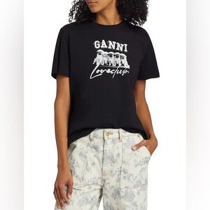 GANNI Black Graphic Logo T-Shirt XS Organic Cotton Pug Dogs Tee Designer